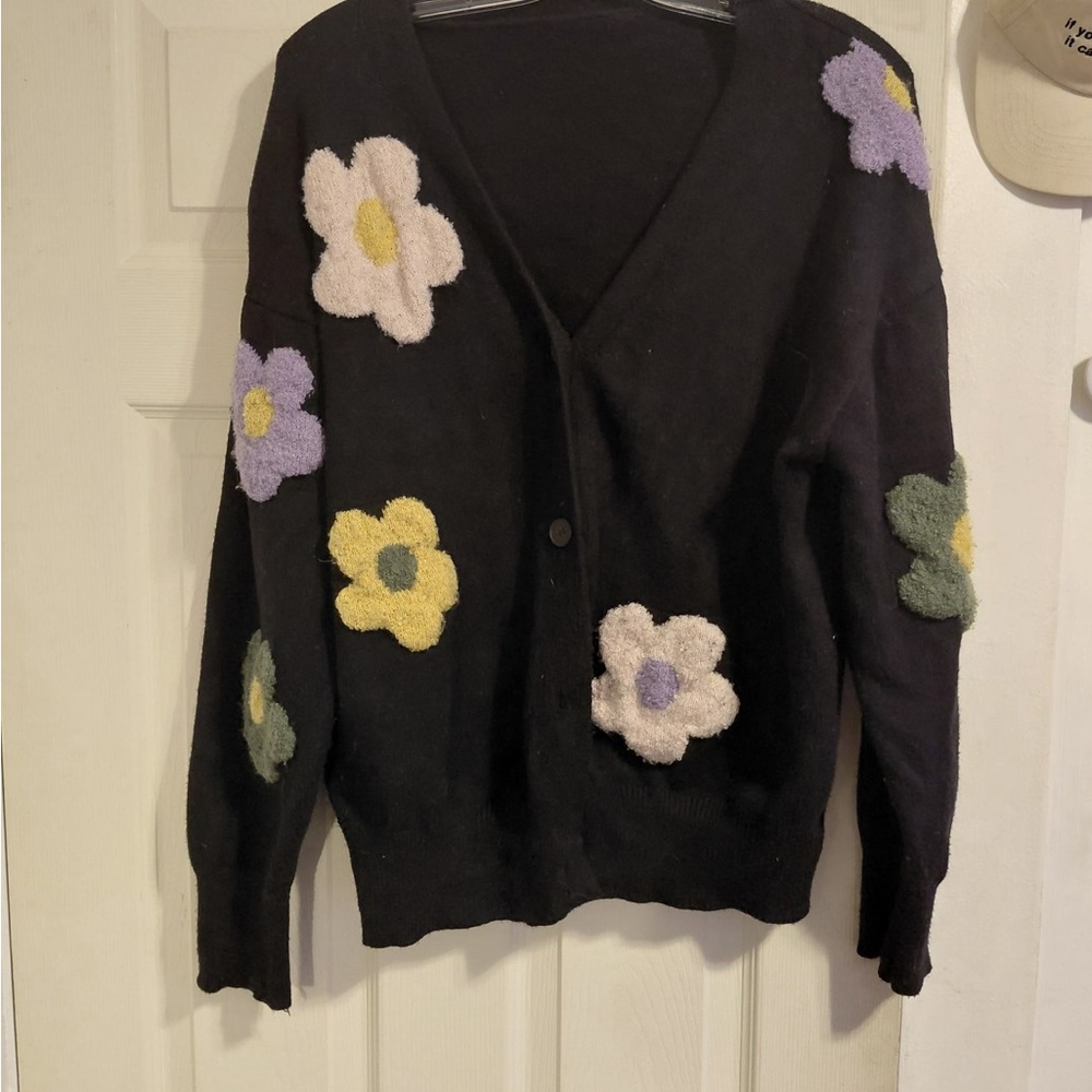 Cider Black Cardigan with Pastel Floral Accents